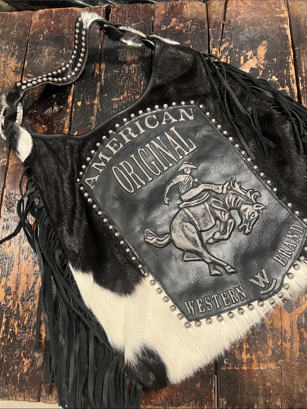 Raviani Black and White The American Original Cowhide & Fringe Western Hobo Bag